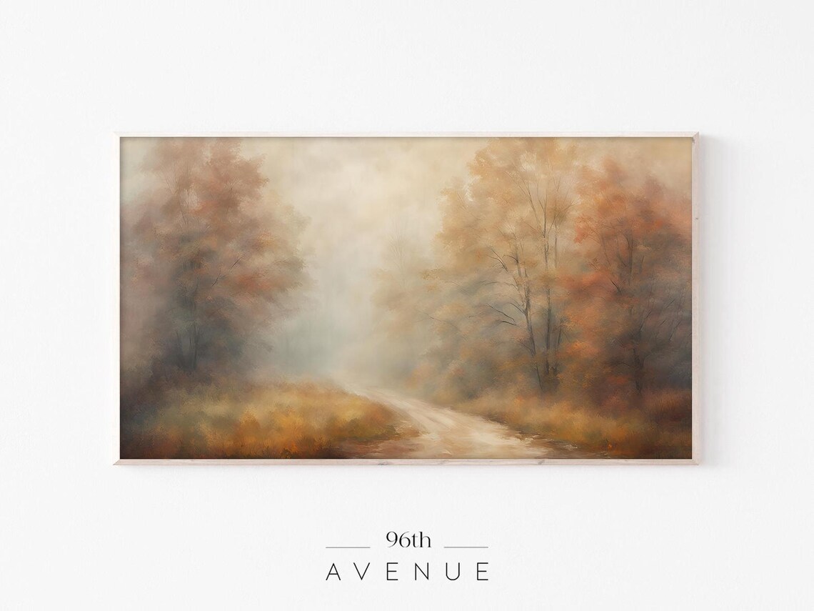 Misty Autumn Country Road through Golden Trees Fall Landscape Poster