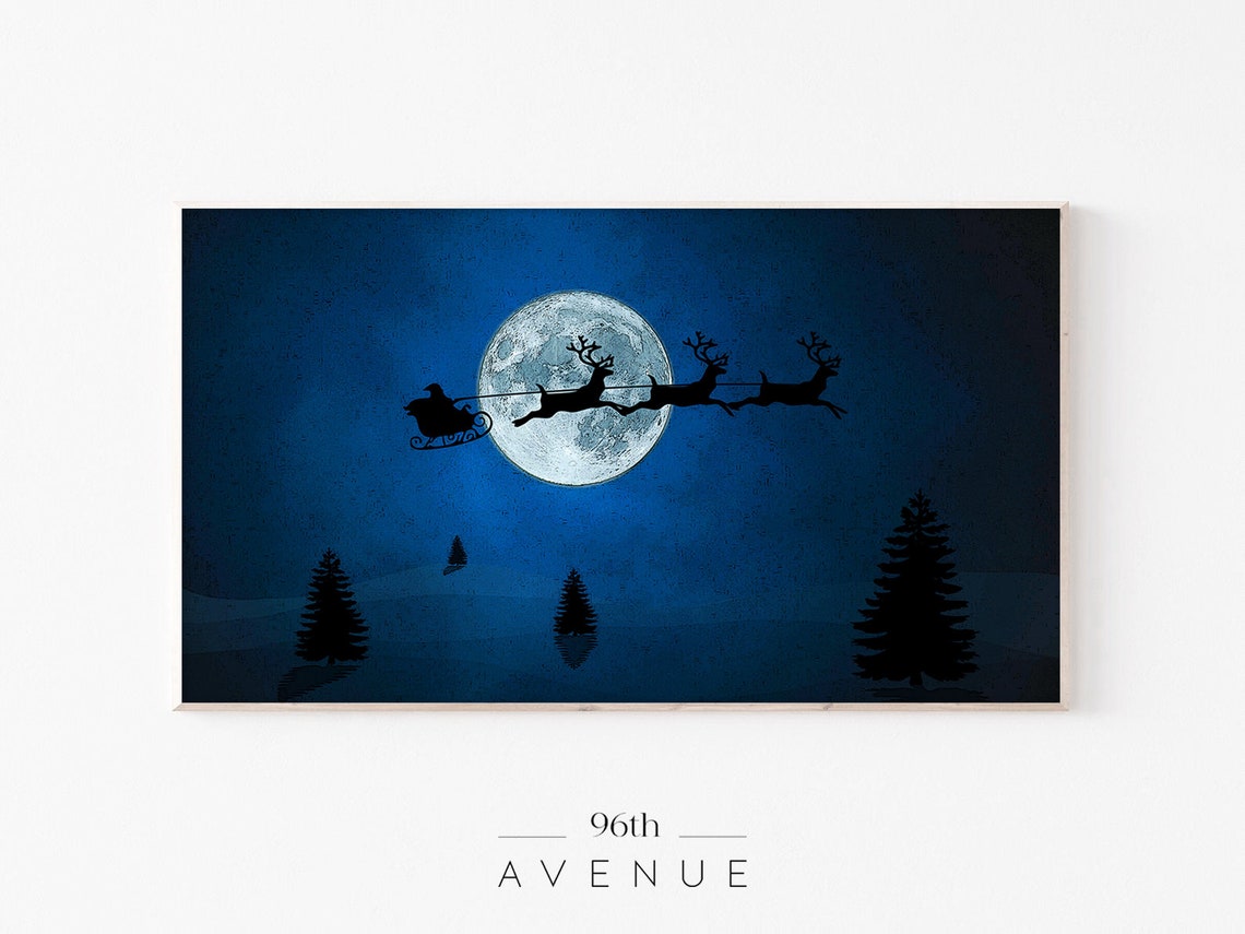 Santa Sleigh Silhouette Flying Across Full Moon Winter Night Poster