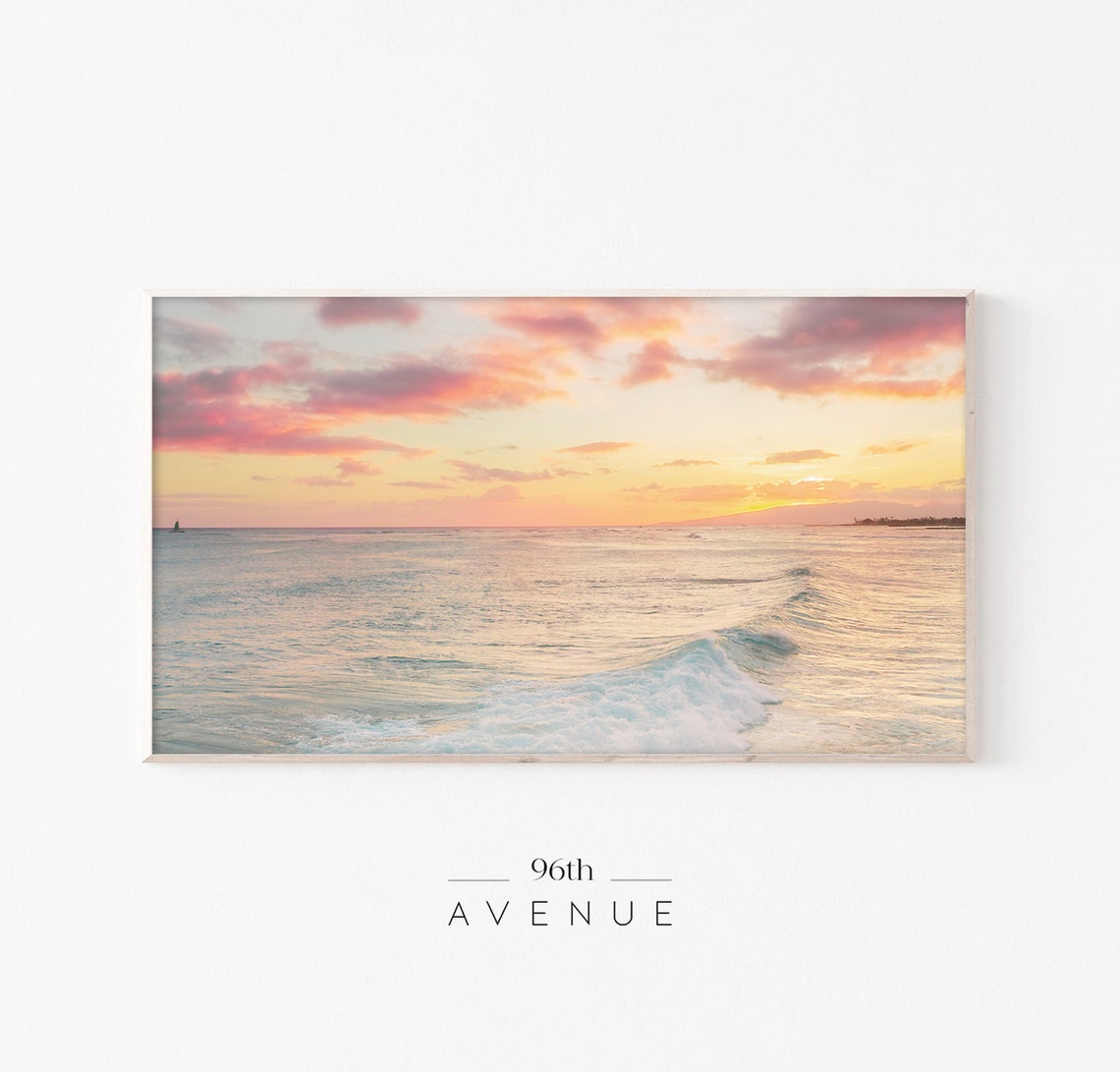 Pink Sunset Over Ocean Waves With Distant Sailboat Photo Poster