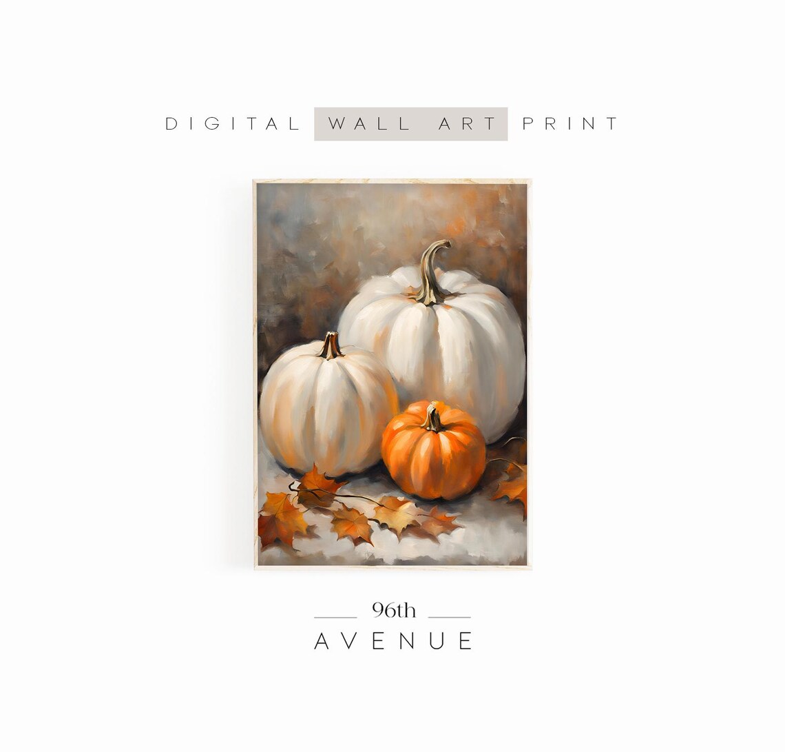 White Pumpkins And Fall Leaves Vintage Still Life Painting Poster