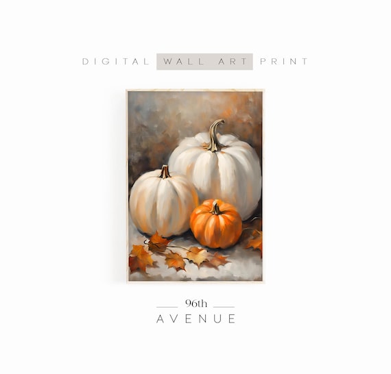 White Pumpkins And Fall Leaves Vintage Still Life Painting Poster