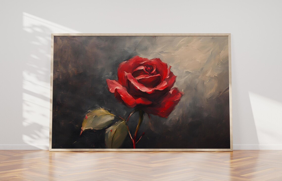 Single Red Rose on Dark Background Moody Flower Oil Painting Print - Image 3