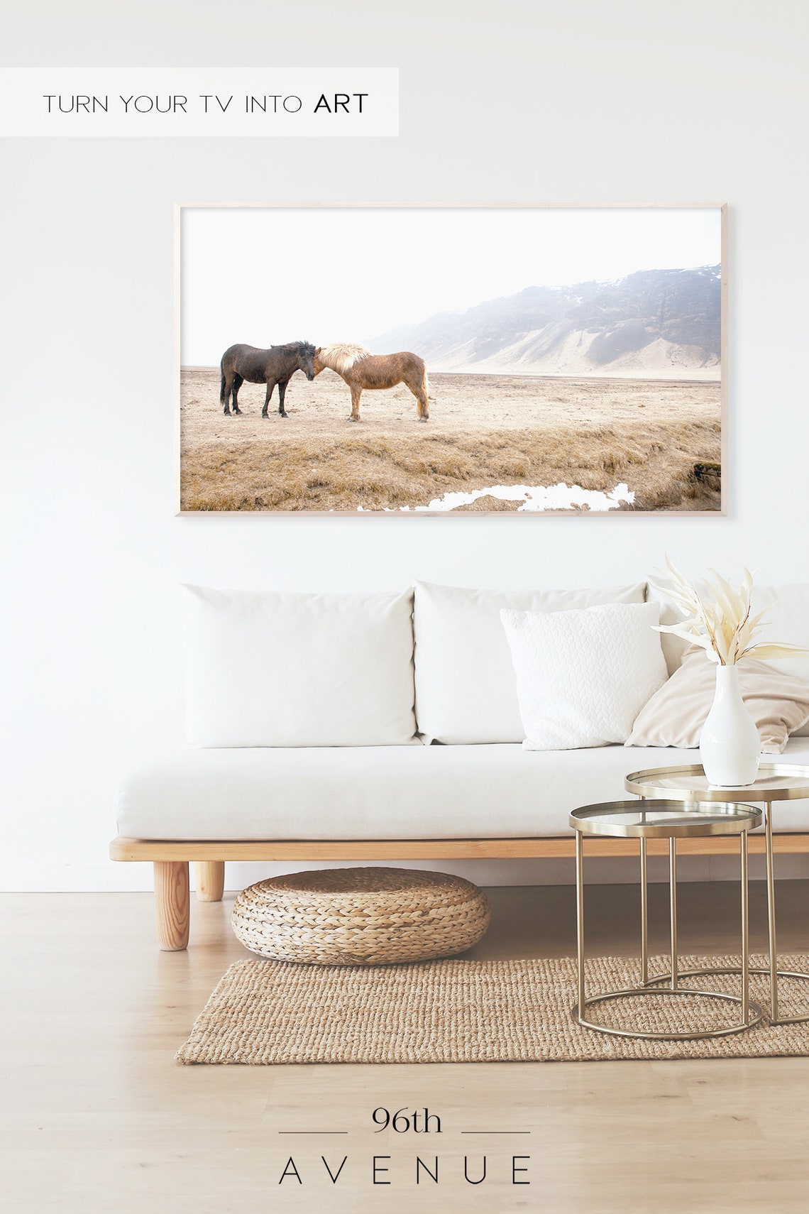 Two Icelandic Horses Nuzzling Field Misty Mountains Photo Poster - Image 2