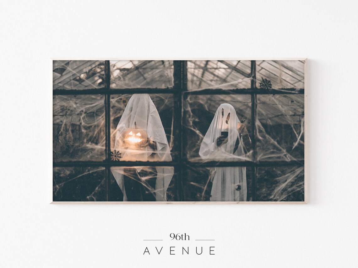Two Ghosts At Cobwebbed Window With Pumpkin Spooky Halloween Photo Wall Art