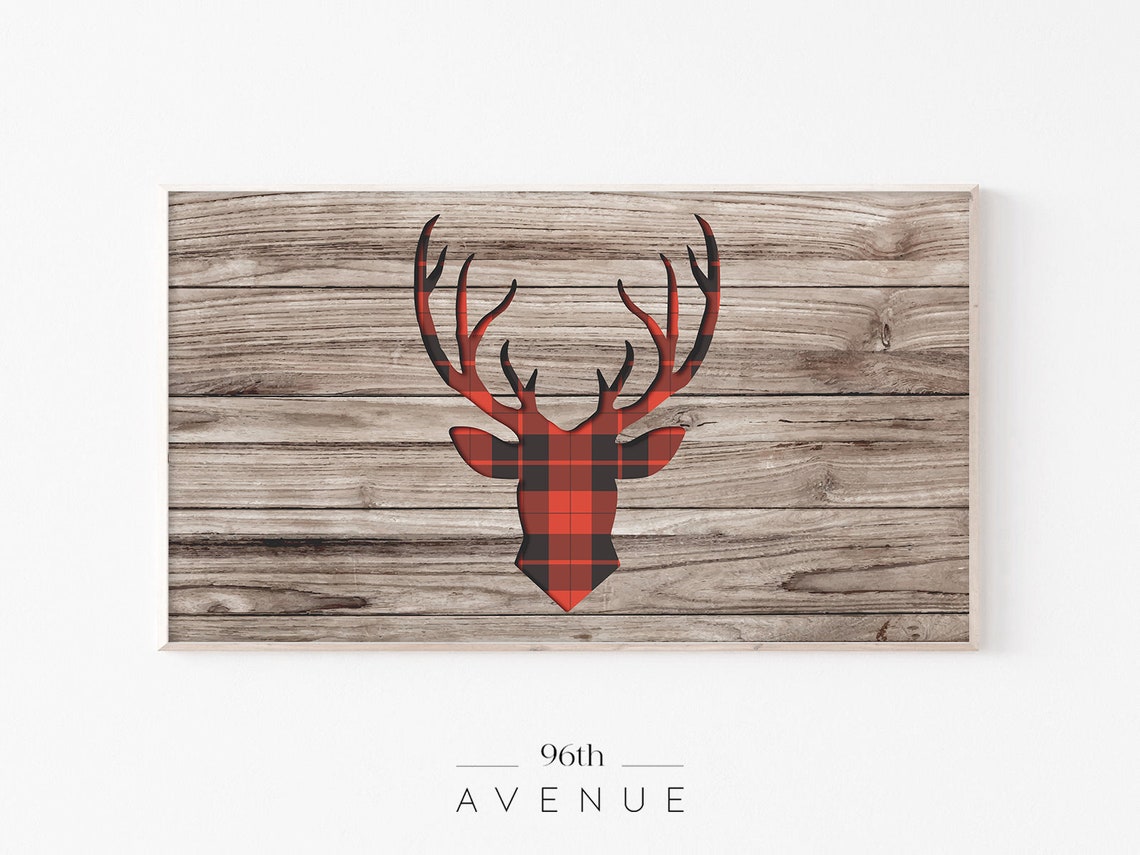 Buffalo Plaid Deer Head Silhouette Rustic Christmas Wood Poster