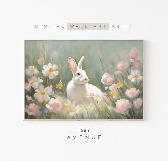 White Bunny In Pastel Wildflower Meadow Easter Painting Wall Decor Poster