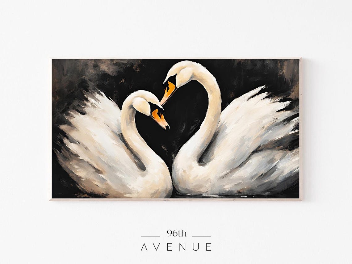 Two White Swans With Heart Shaped Necks Black Background Art Print