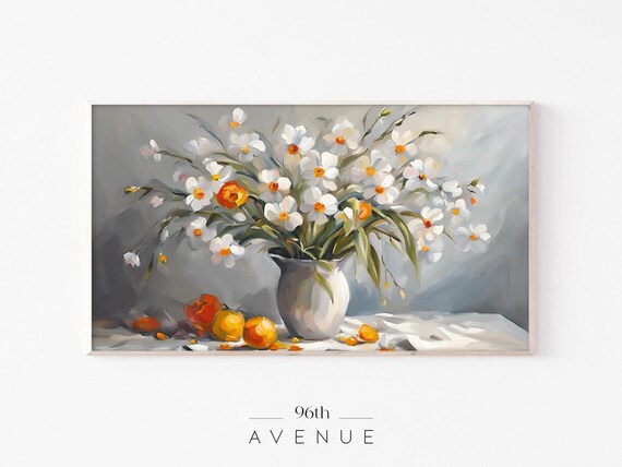 White Daisy Flower Vase Still Life With Fruit Oil Painting Poster