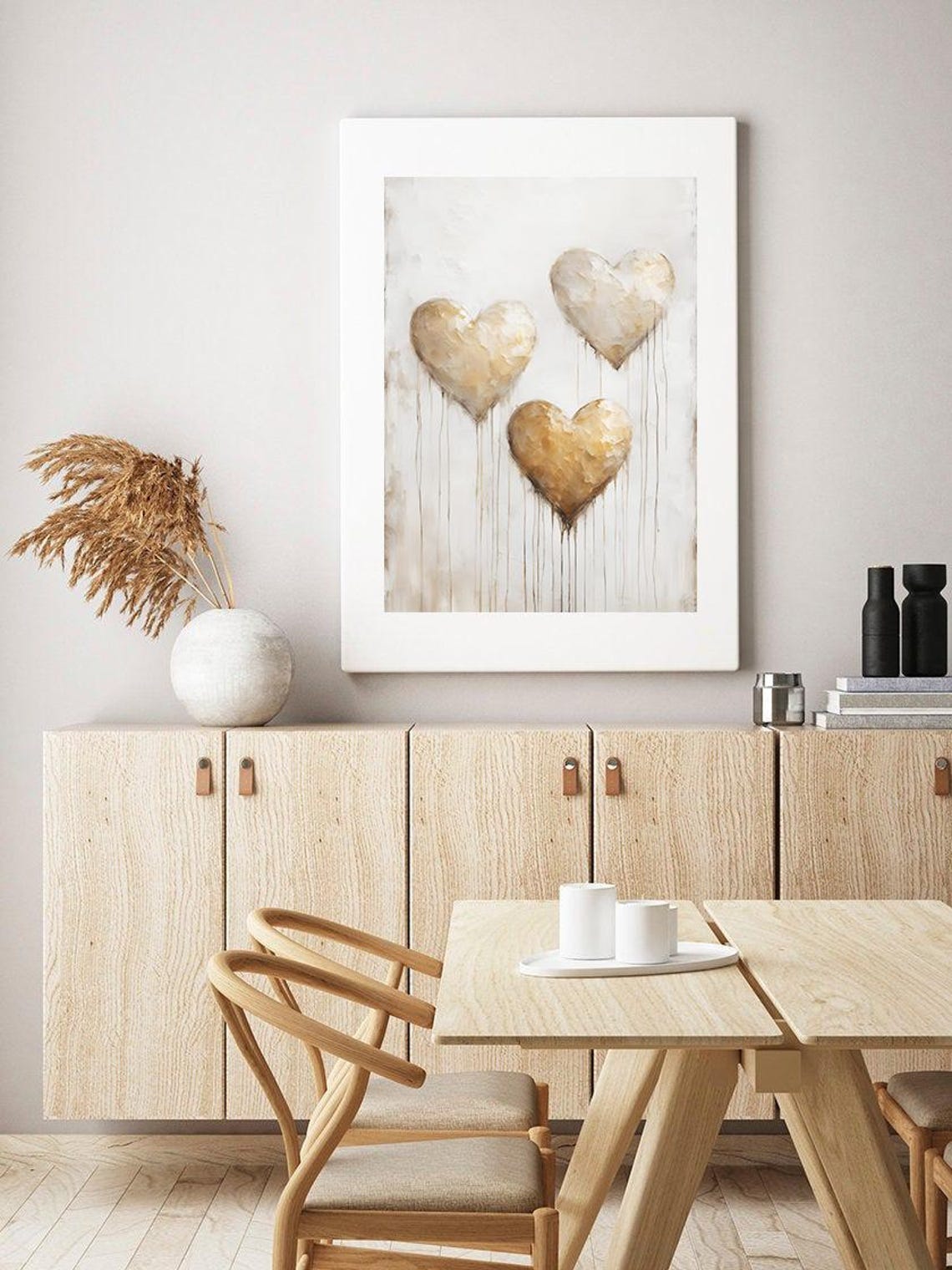 Three Beige Hearts Vertical Drip Paint Neutral Love Heart Art Print - Image 3