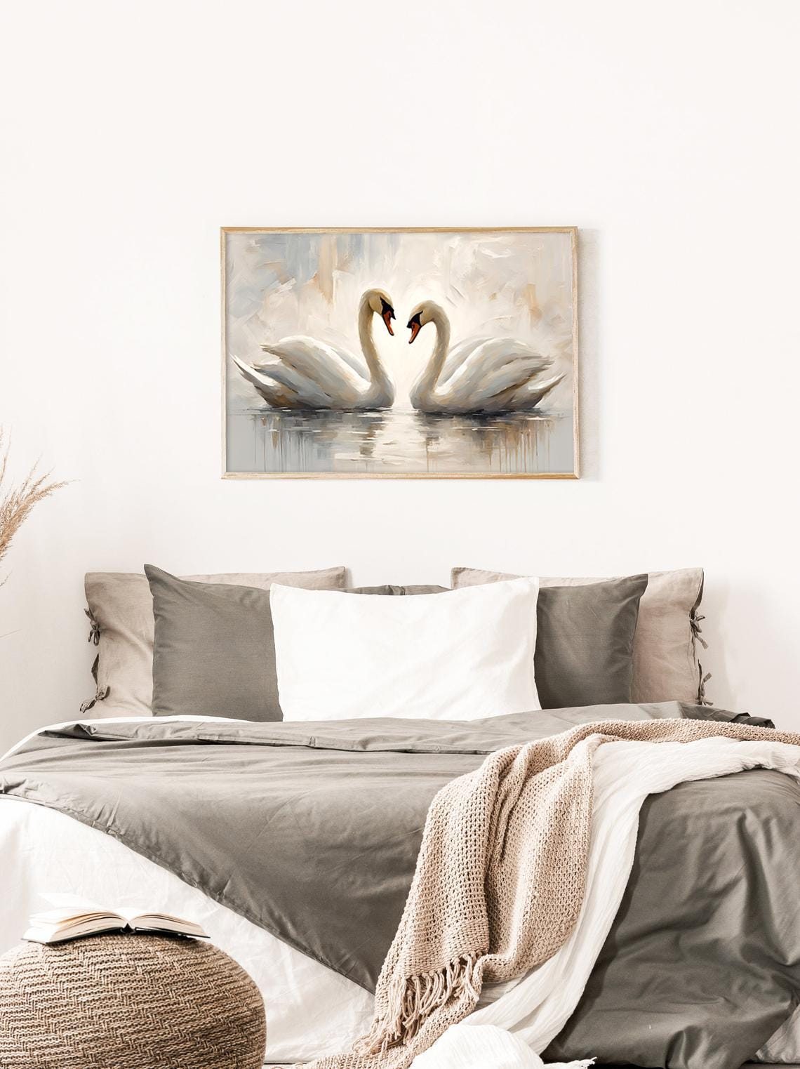 Two White Swans Facing Each Other Soft Beige Love Bird Art Print - Image 3