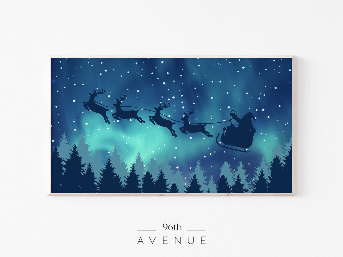 Santa Sleigh Silhouette Under Northern Lights Aurora Night Sky Poster
