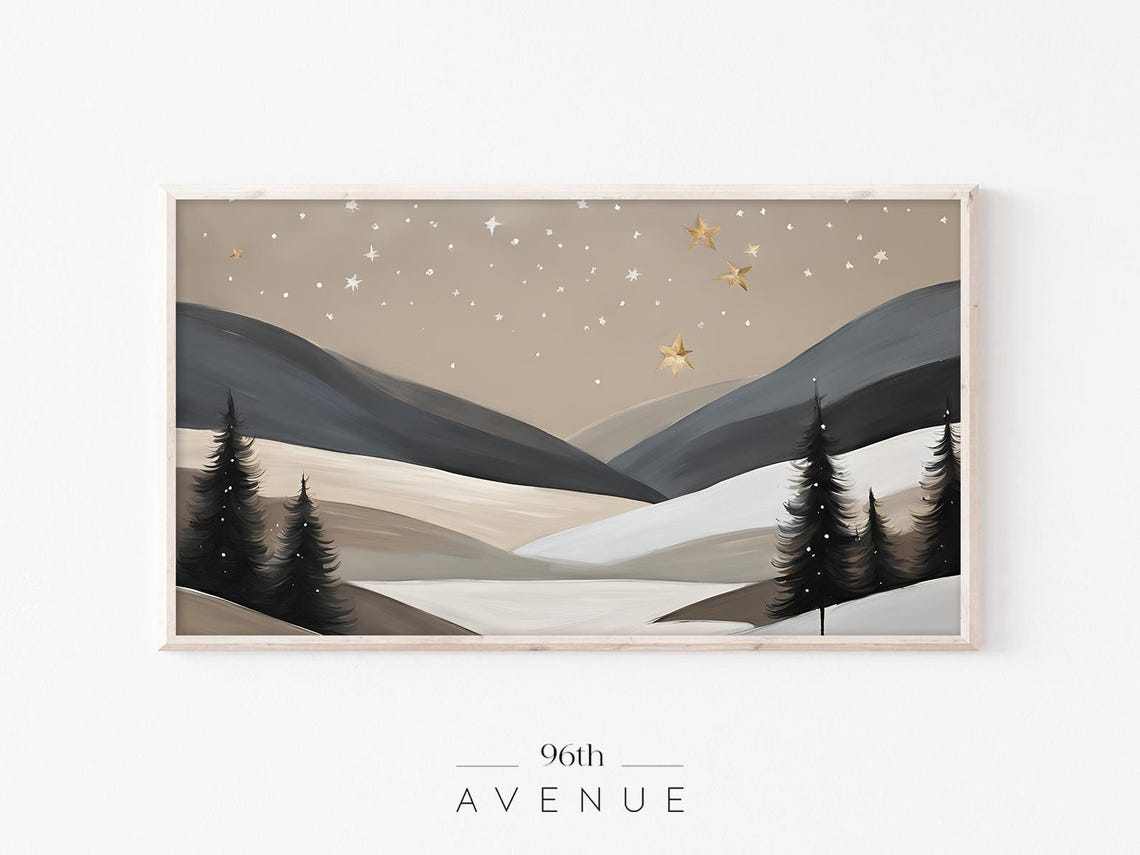 Dreamy Neutral Winter Mountain Starry Night Gold Stars Art Poster