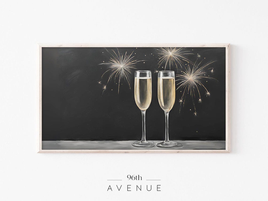 Champagne Flutes New Year Toast Golden Fireworks Chalkboard Poster