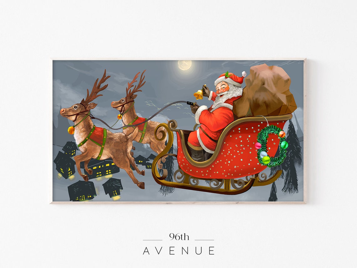 Santa Claus Sleigh Ride With Two Reindeer Over Village Poster