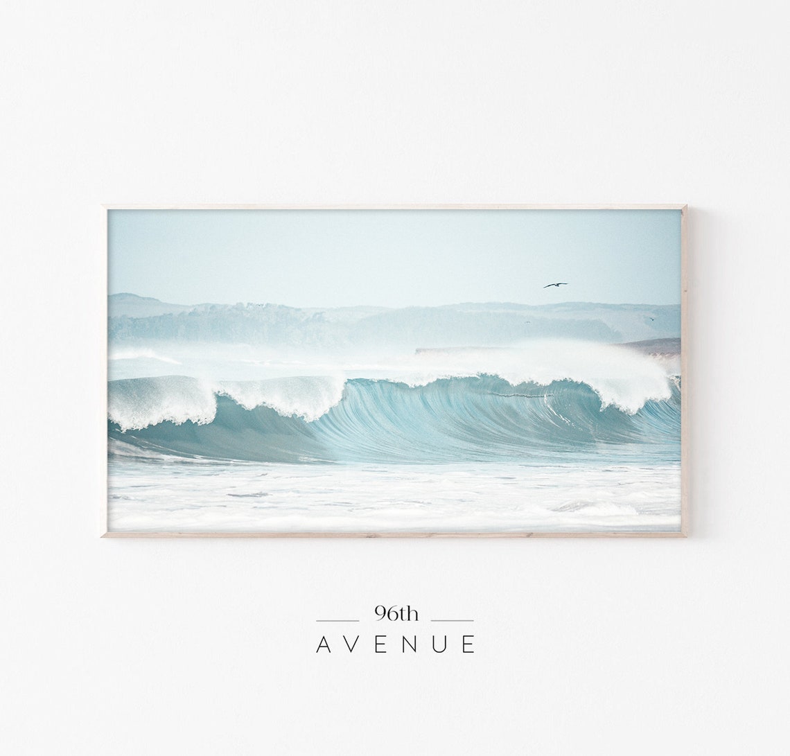 Crashing Blue Ocean Wave Barrel Photo With Seagull Coastal Poster