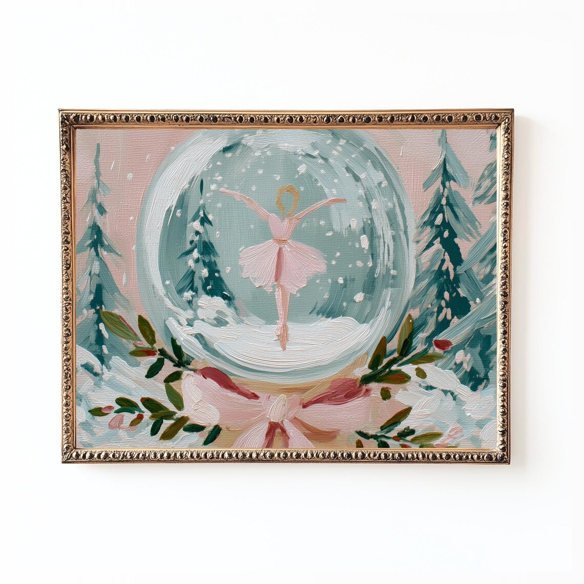 Pink Ballerina Snow Globe Christmas Pastel Watercolor Art Poster