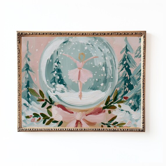 Pink Ballerina Snow Globe Christmas Pastel Watercolor Art Poster