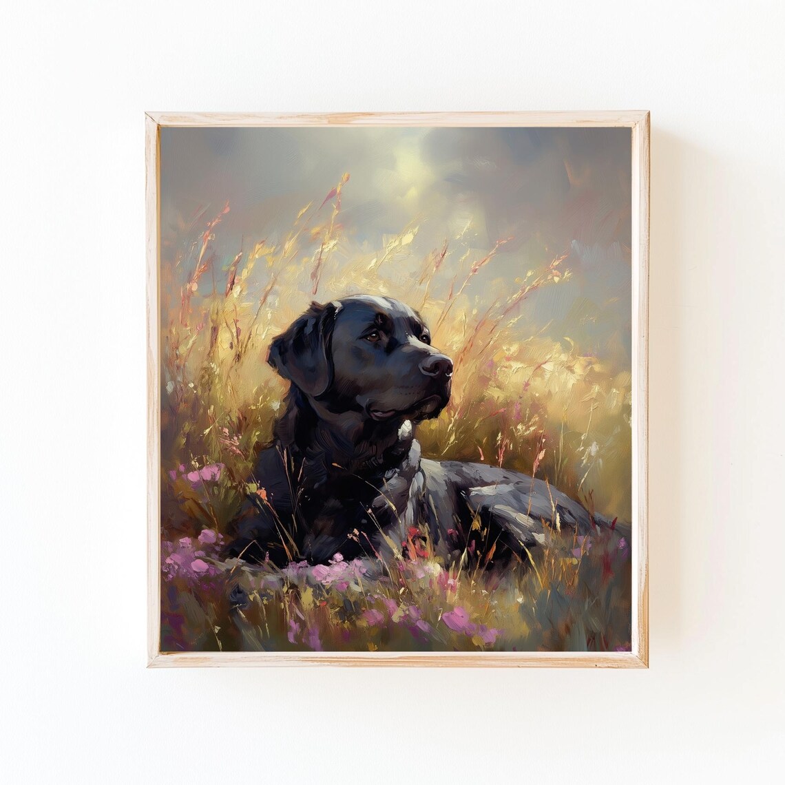 Black Labrador Resting Among Golden Grass and Pink Flowers Poster