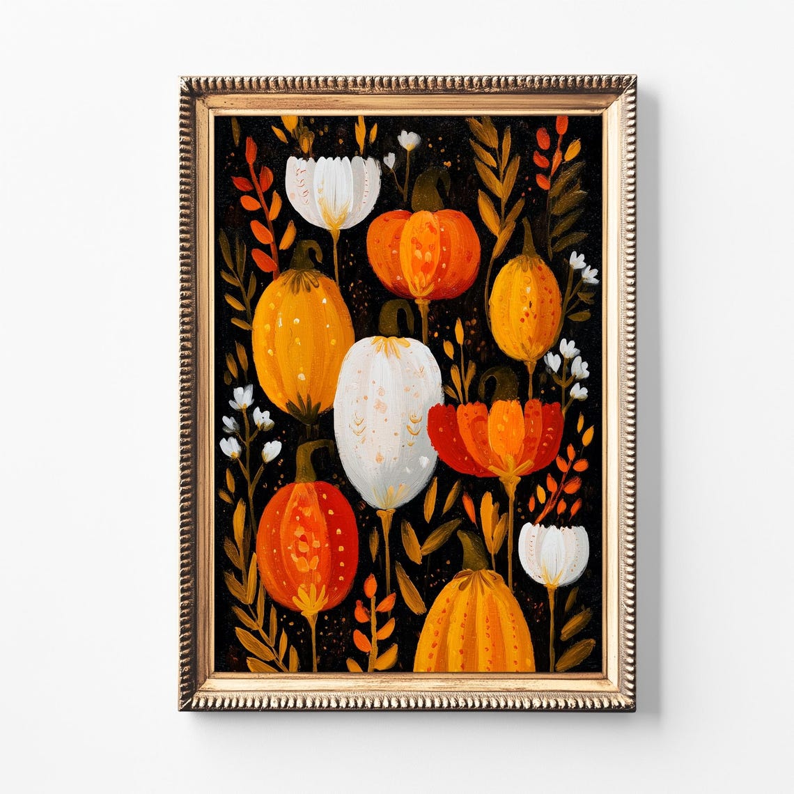 Folk Art Pumpkins And Flowers Black Background Fall Harvest Poster