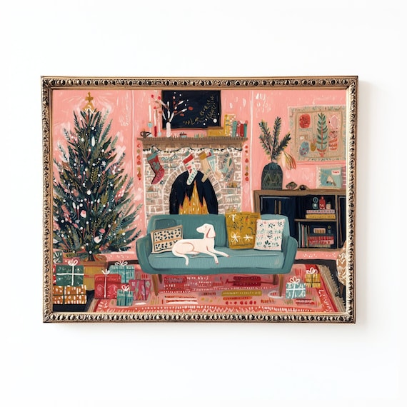 Sweet White Dog Christmas Living Room Pink Holiday Dog Art Poster