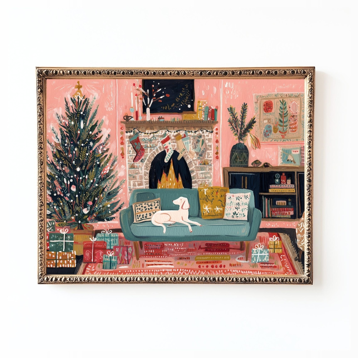Sweet White Dog Christmas Living Room Pink Holiday Dog Art Poster