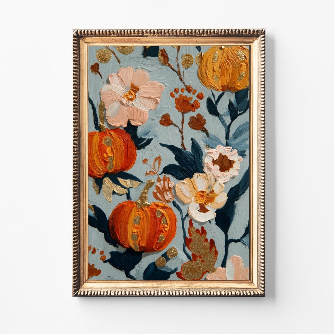 Pumpkin Floral Impasto Painting Print Gold Glitter Autumn Decor