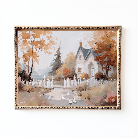 Neutral Autumn Farmhouse Painting, Rustic Country Landscape