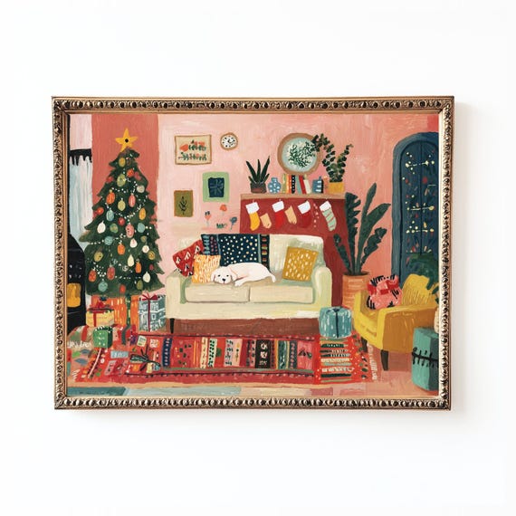 Cozy White Dog Sleeping On Sofa Christmas Fireplace Art Poster