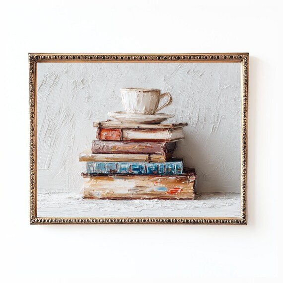 Vintage Book Stack Coffee Cup Still Life Neutral Tones Oil Print