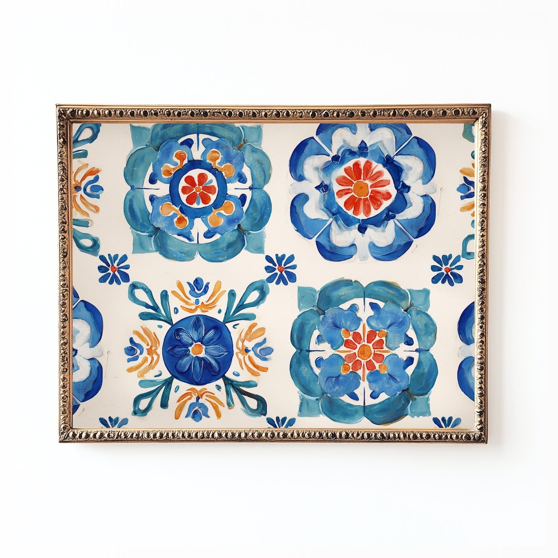 Blue And Orange Talavera Tile Medallions Spanish Floral Art Print