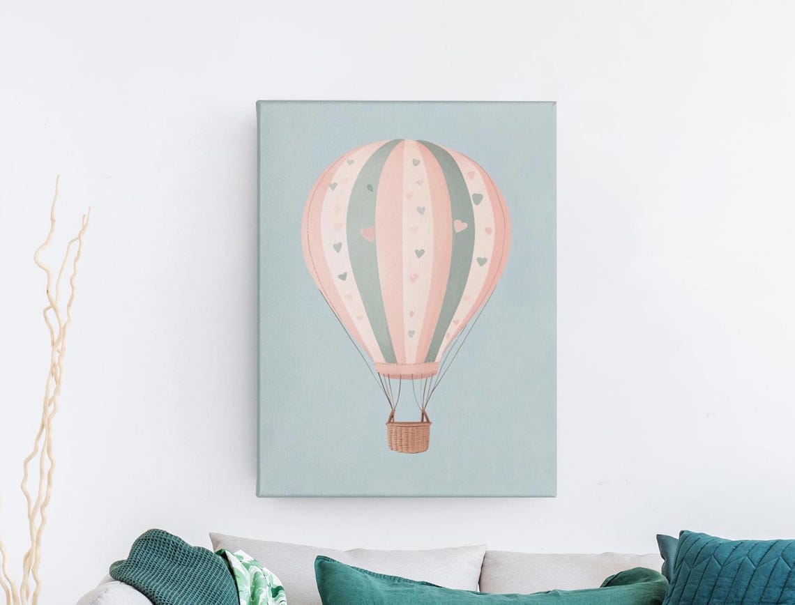 Pastel Heart Pattern Hot Air Balloon On Sage Canvas Nursery Poster