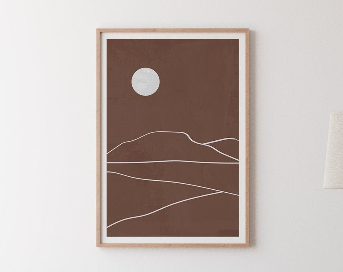 Terracotta Deep Brown Mountain Line Art Minimalist Moon Sunset Poster