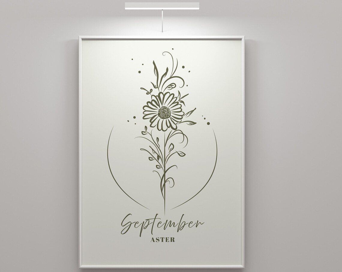 September Birth Flower Aster Minimalist Botanical Line Art Poster