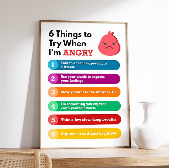 Kids Anger Management 6 Calm Down Strategies Chart Decor Poster