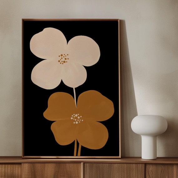 Mid Century Flower Wall Art Moody Black Floral Art Minimal Japandi Print Abstract Botanical Poster Black Brown Flower Print