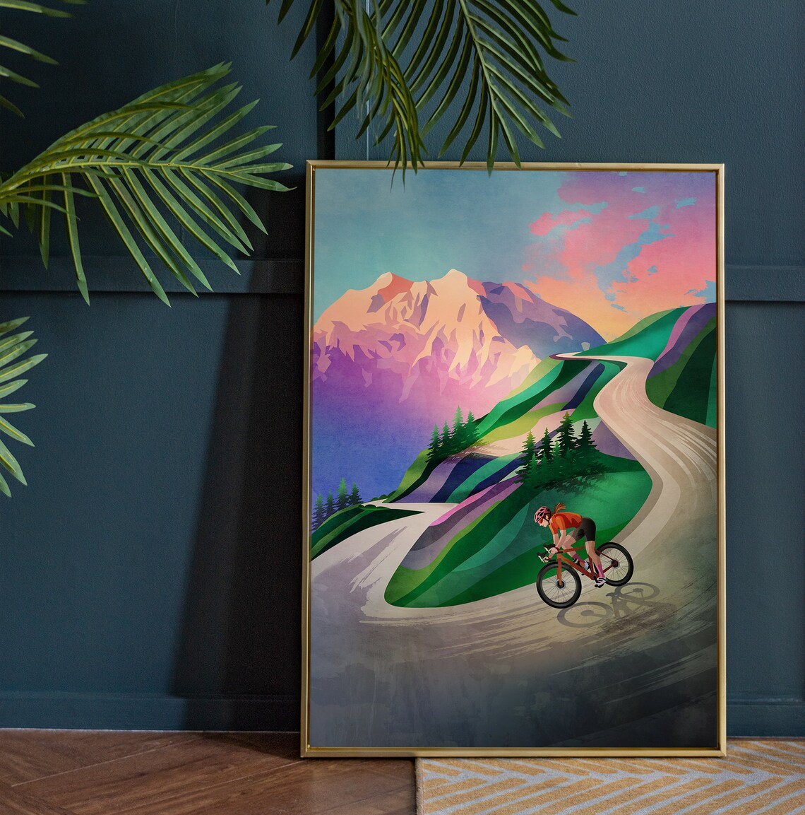 Woman Cyclist Descent at Sunset Art Print - Image 2