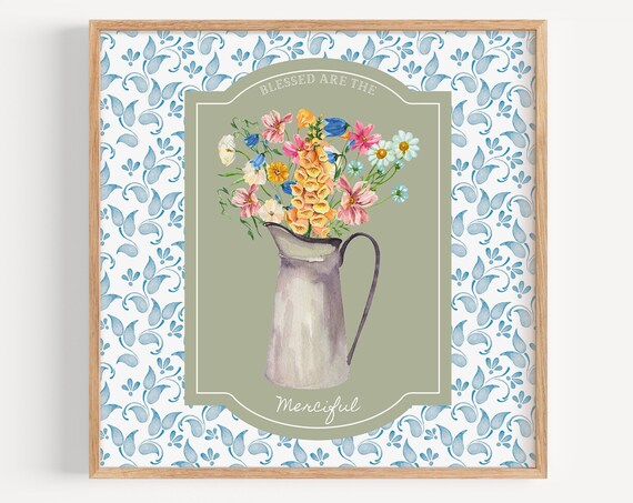 Blessed Are the Merciful Wildflower Pitcher Cottage Art Poster