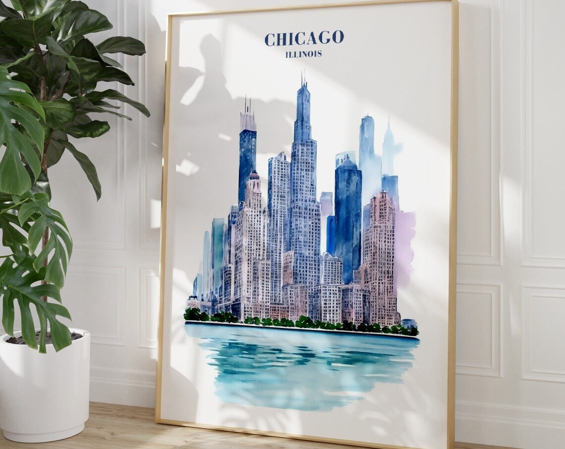 Chicago Travel Exhibition Print, Pink Blue Cityscape