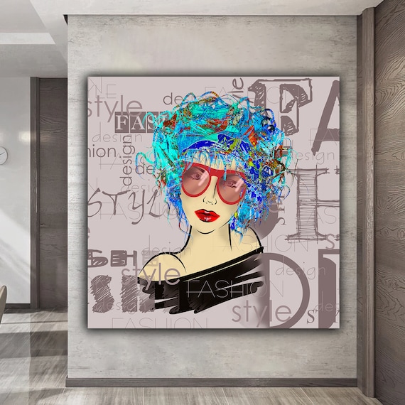 Fashion Woman Red Sunglasses Teal Hair Style Typography Art Poster