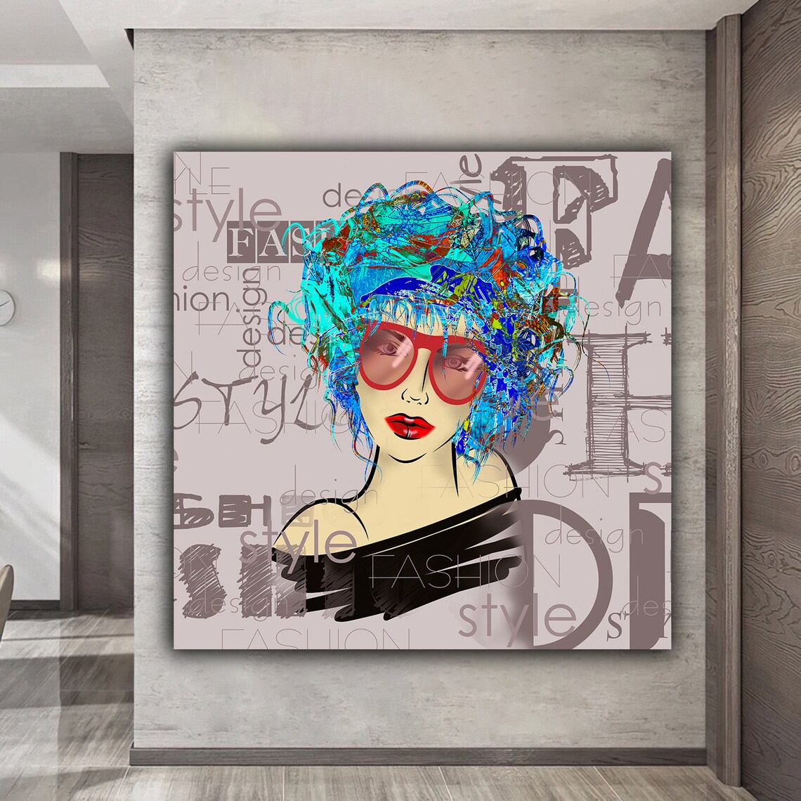 Fashion Woman Red Sunglasses Teal Hair Style Typography Art Poster