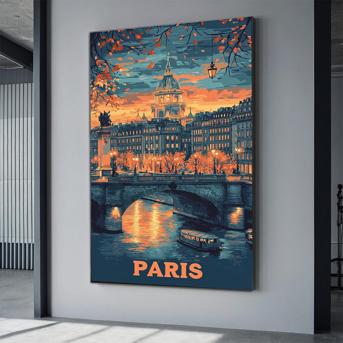 Paris Retro Sunset Seine Bridge Autumn Cityscape Travel Poster