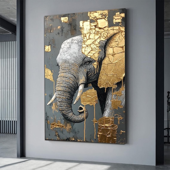 African Elephant Gold Leaf Cracked Texture Black Grey Portrait Poster