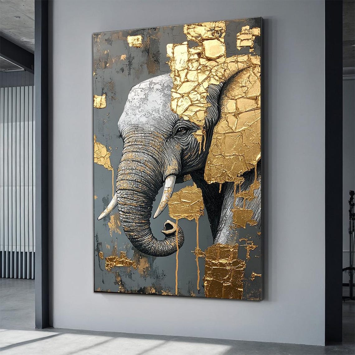 African Elephant Gold Leaf Cracked Texture Black Grey Portrait Poster