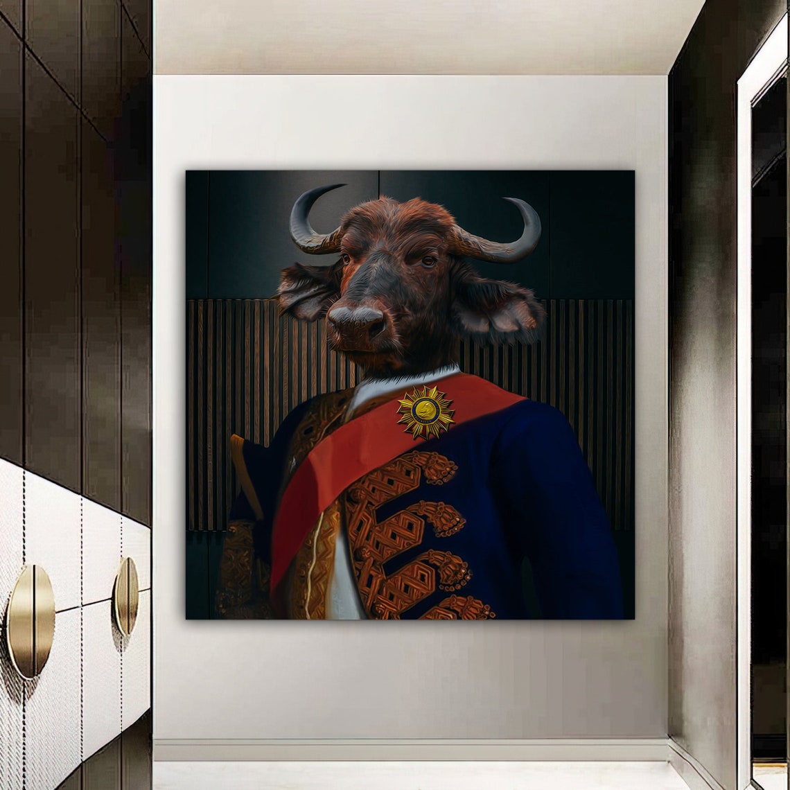 Buffalo General Red Sash Medal Regal Animal Portrait Art Print