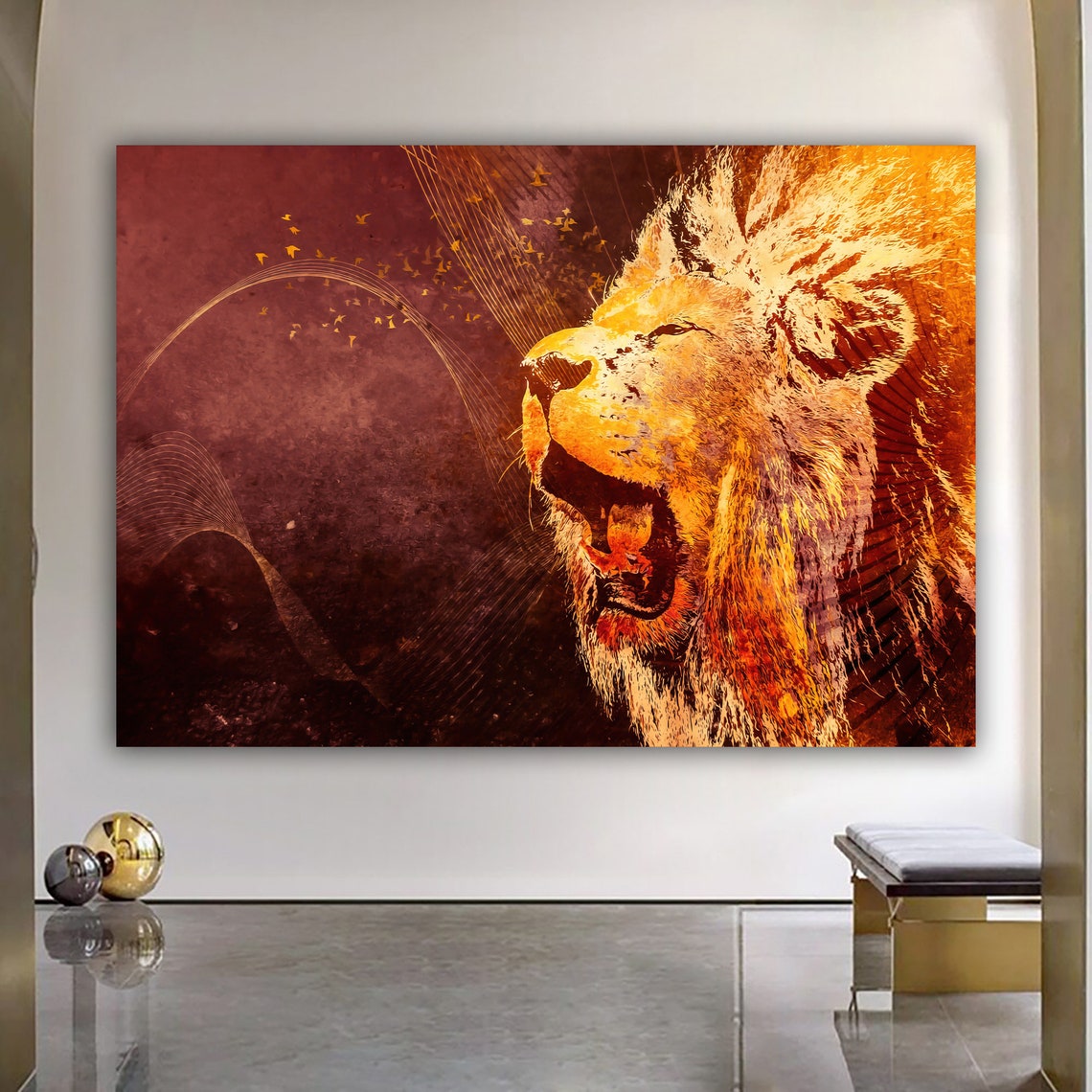 Lion Roar Fiery Red Sunset Birds Abstract Wild Animal Art Poster