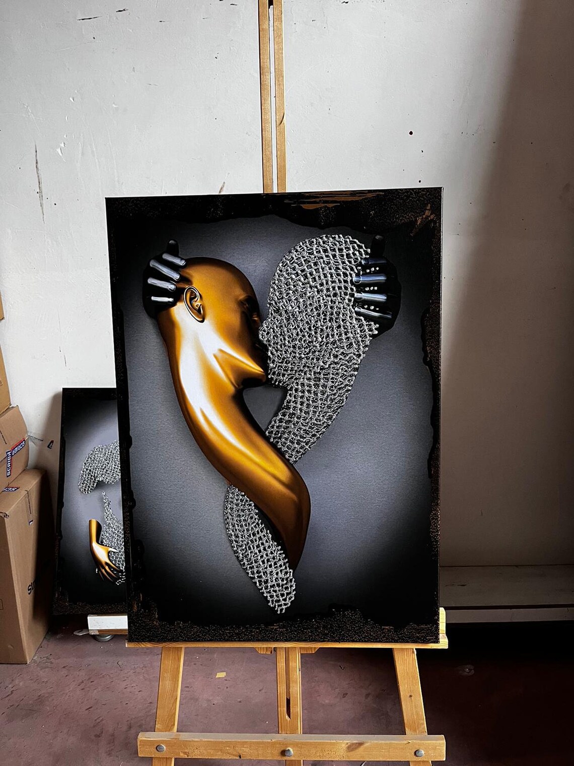 Golden Man Kissing Chainmail Woman 3D Romantic Sculpture Art Poster