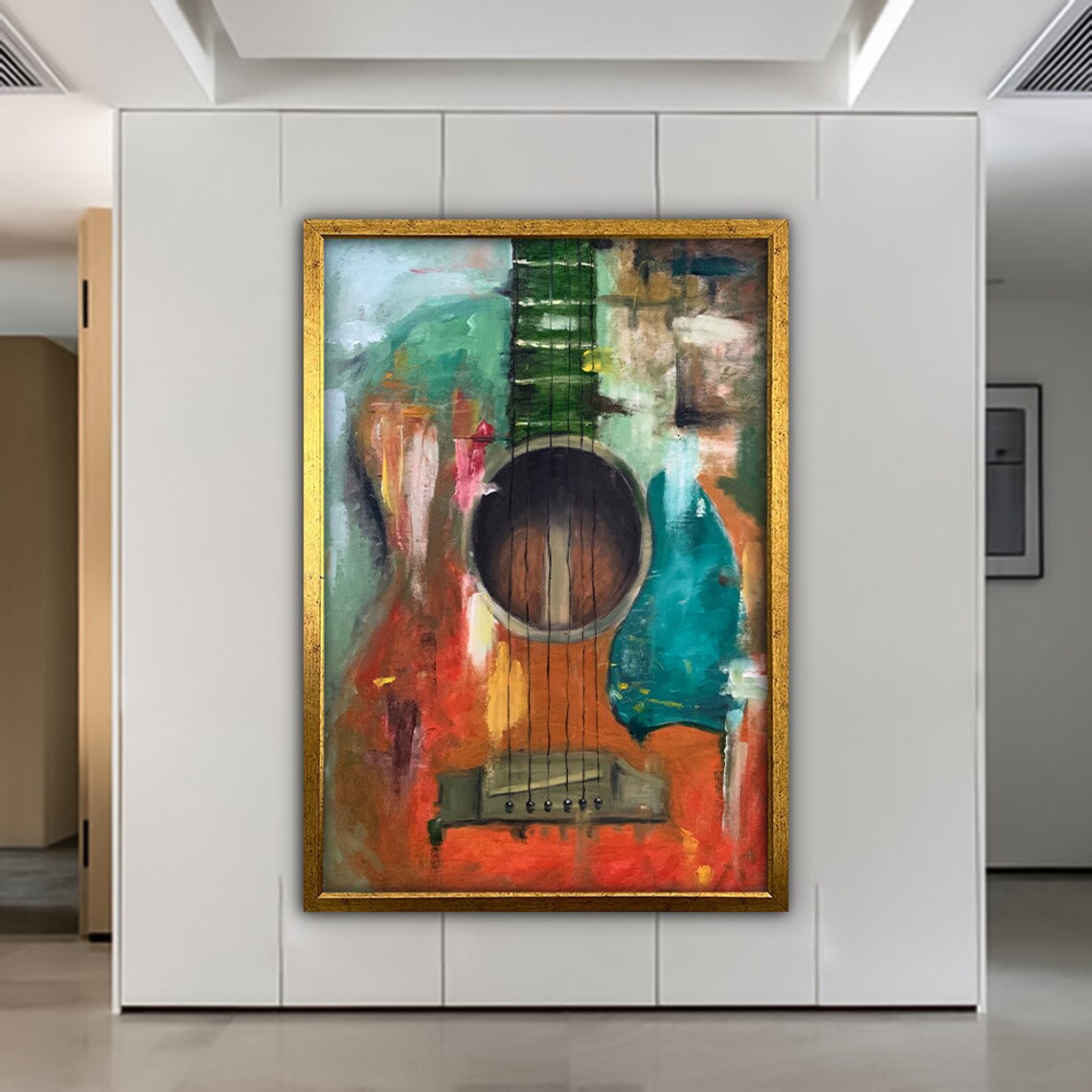 Abstract Colorful Guitar Oil Painting Red Teal Music Lover Art Print