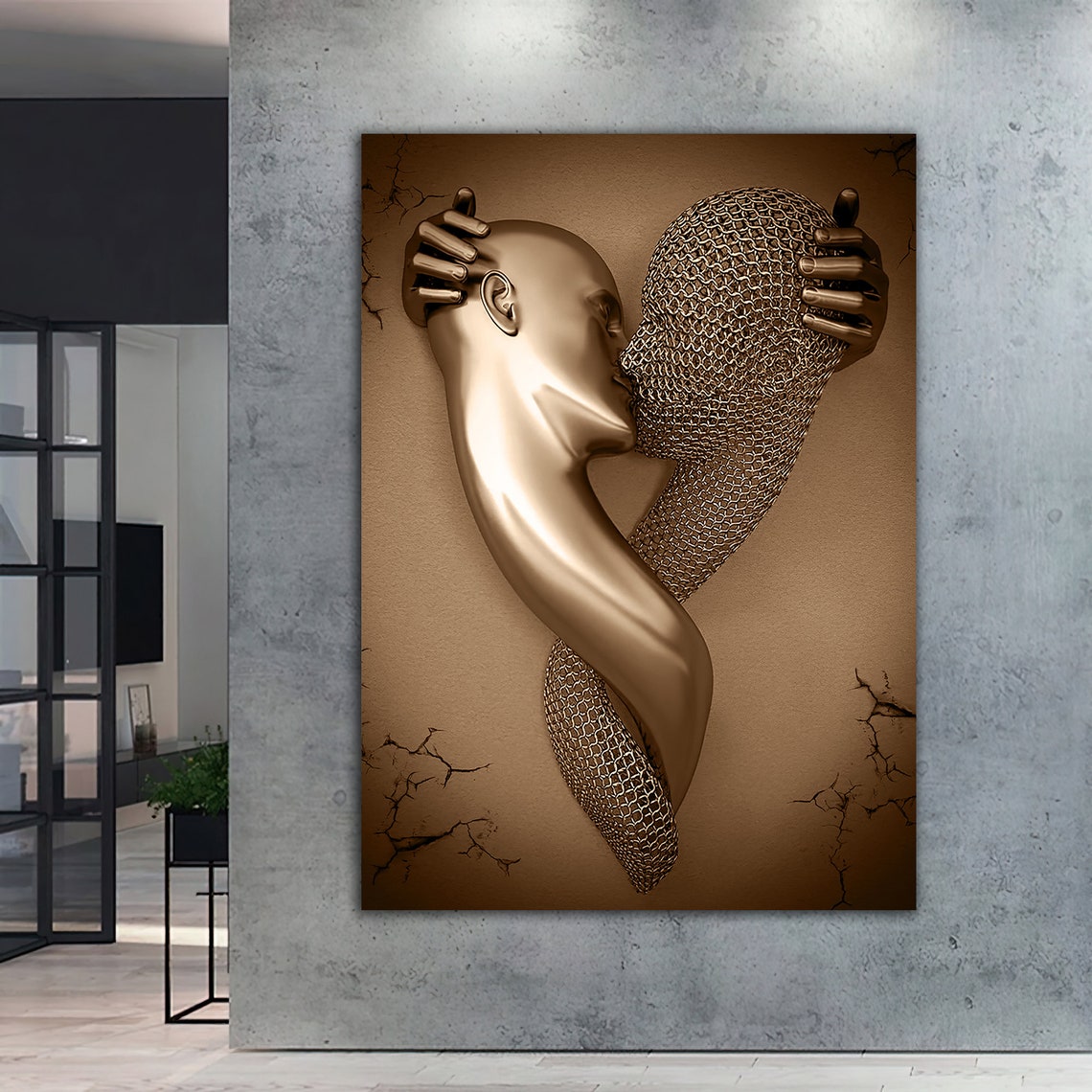 Bronze Couple Kissing Wire Mesh Metallic 3D Effect Romantic Wall Art