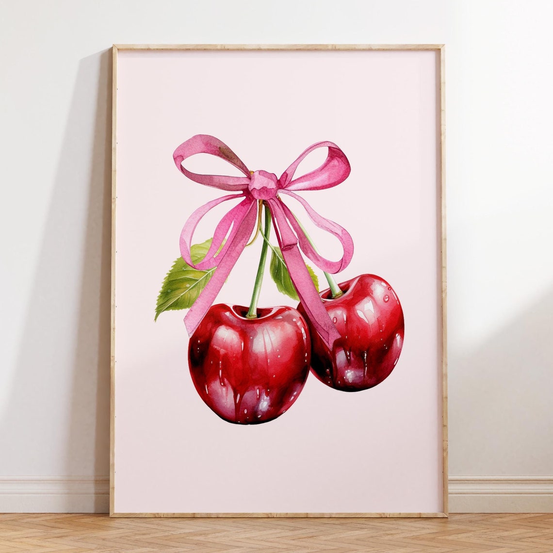 Pink Bow Red Cherries Watercolor Trendy Coquette Room Poster