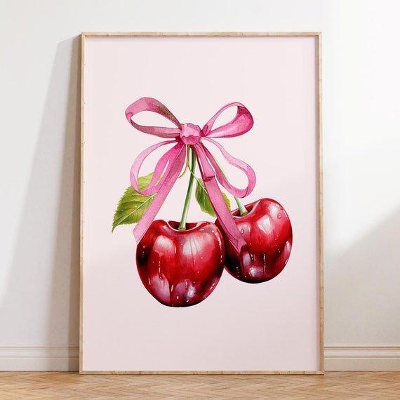 Cherry Wall Art Print Trendy Wall Print Pink Bow Wall Art Pink Girly Wall Decor Preppy Poster Pink Poster Print Art
